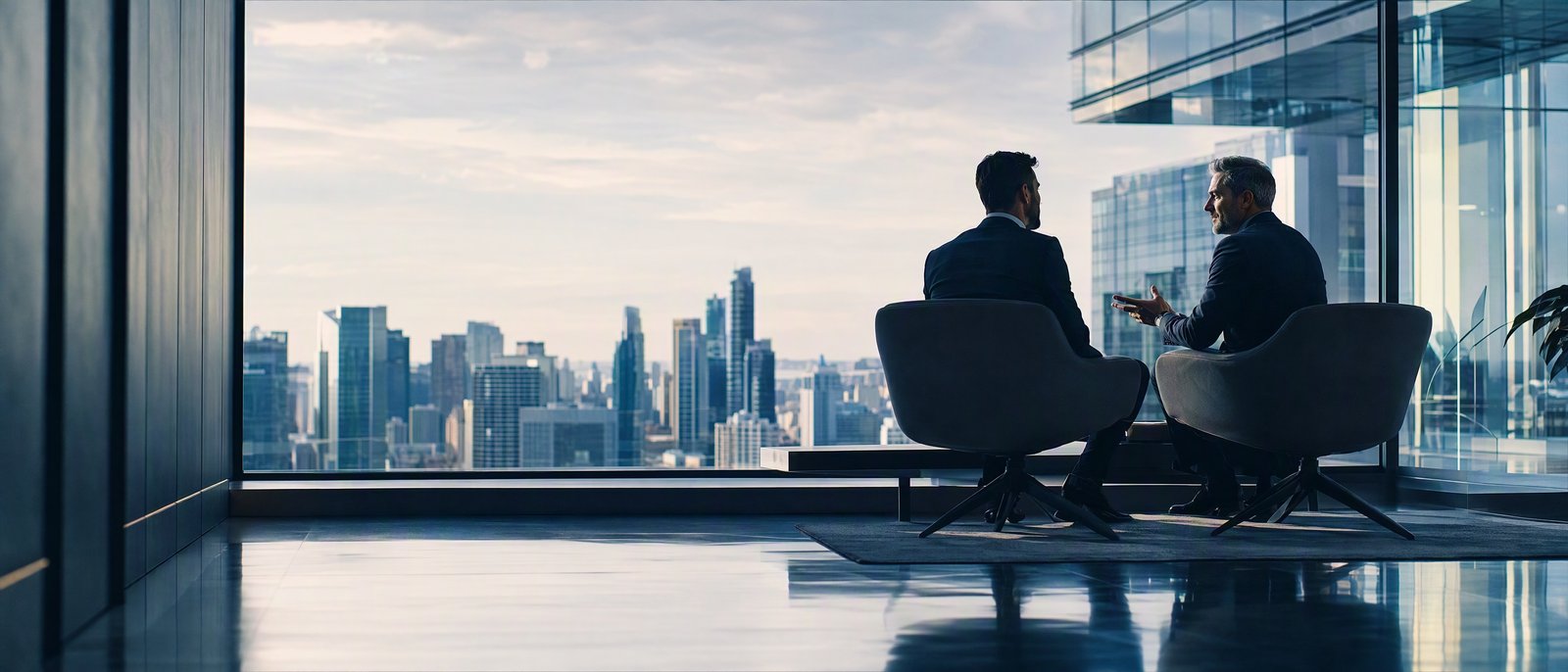 Executivos em ambiente corporativo contemporâneo durante uma negociação estratégica